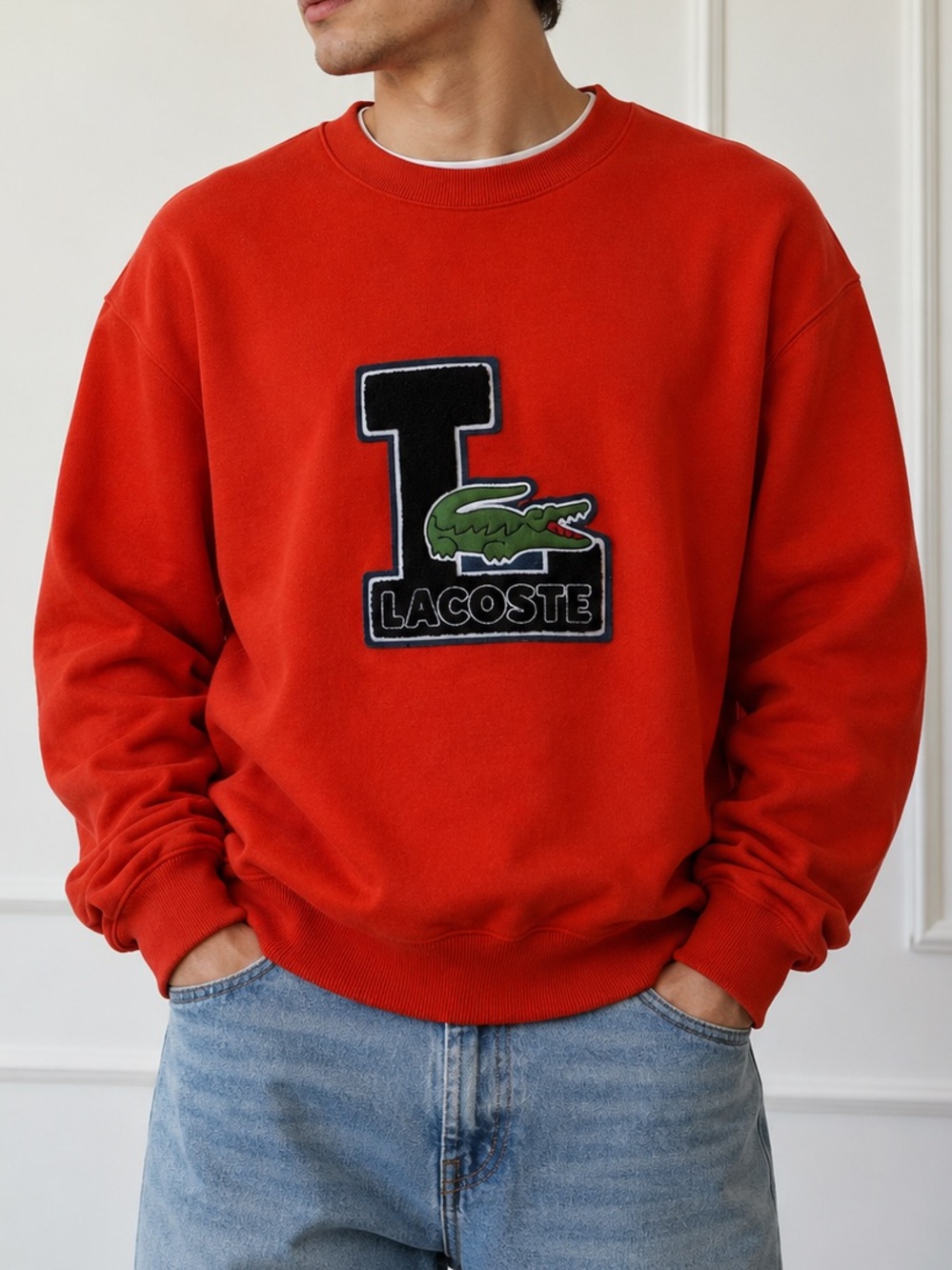 Lacoste Orange-Red Crewneck with Croc Patch